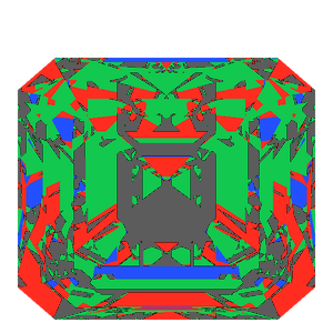 Emerald square cut in moissanite tilted 30 degrees: Light Return map, 28% of the face leaking