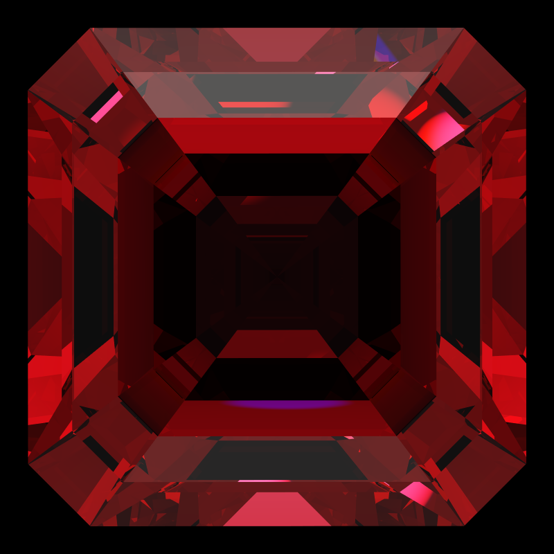 Emerald square cut in ruby face-up under a single bright light: a render from our simulator, its coloured flashes are the fire (score 53)