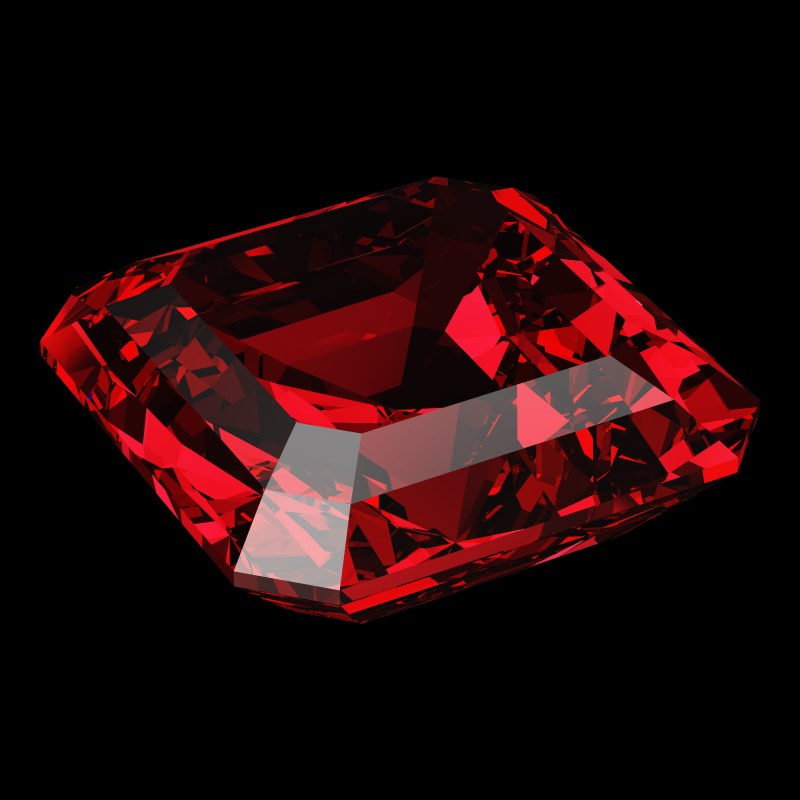 The Emerald Square Cut in ruby, rendered at an angle in our 3D Gemstone Simulator under studio light