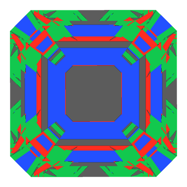 Emerald square cut in ruby face-up Light Return map: red, green and blue show where the light returns from, grey shows where it leaks (Brilliance 71)
