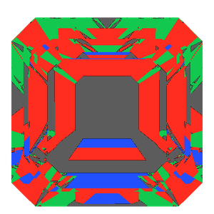 Emerald square cut in ruby tilted 10 degrees: Light Return map, 27% of the face leaking