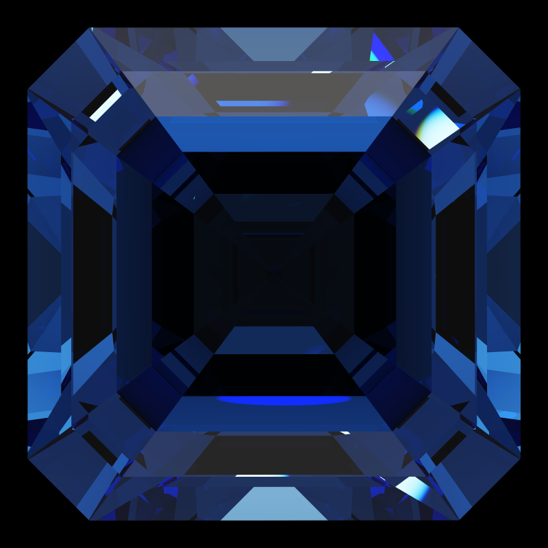 Emerald square cut in sapphire face-up under a single bright light: a render from our simulator, its coloured flashes are the fire (score 53)