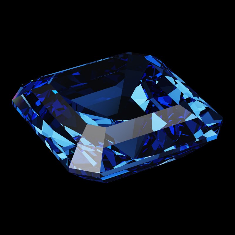 The Emerald Square Cut in sapphire, rendered at an angle in our 3D Gemstone Simulator under studio light