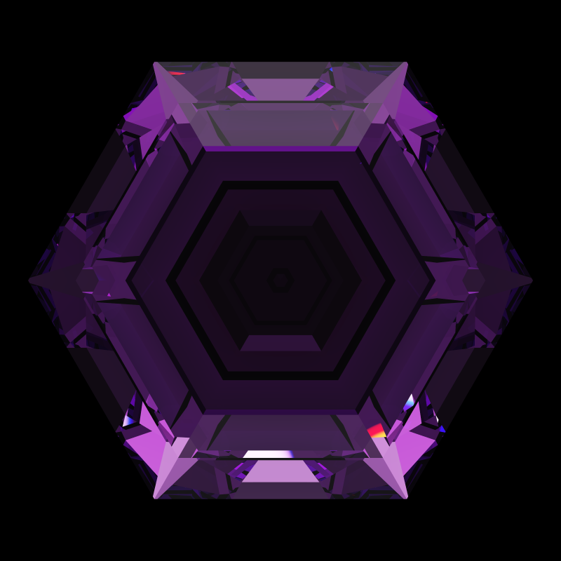Hexagon cut in amethyst face-up under a single bright light: a render from our simulator, its coloured flashes are the fire (score 39)