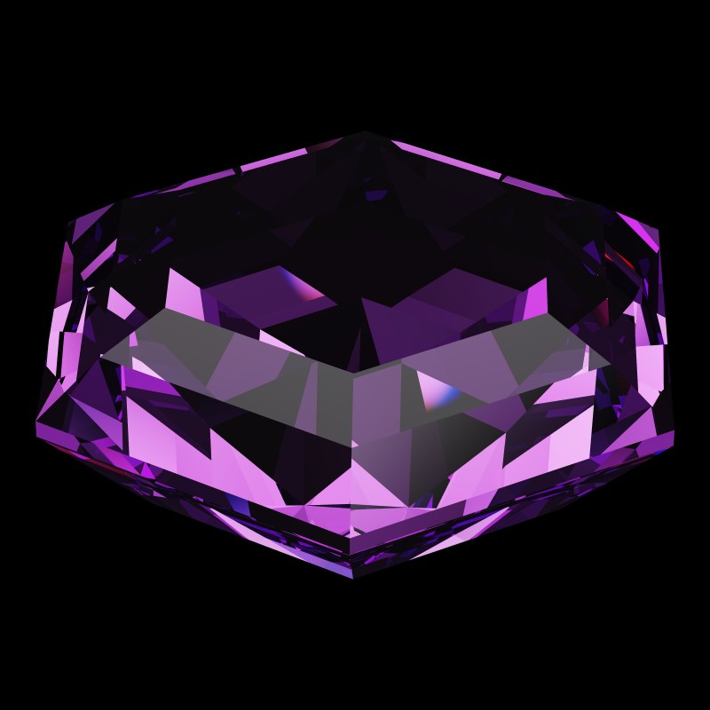 The Hexagon Cut in amethyst, rendered at an angle in our 3D Gemstone Simulator under studio light