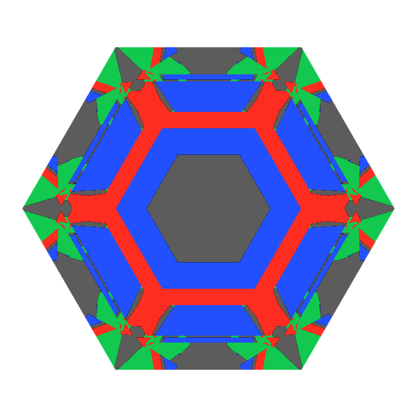 Hexagon cut in amethyst face-up Light Return map: red, green and blue show where the light returns from, grey shows where it leaks (Brilliance 49)