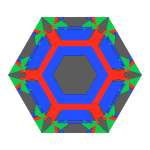 Hexagon cut in amethyst tilted 0 degrees: Light Return map, 28% of the face leaking