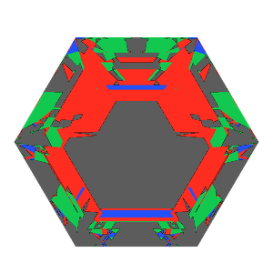 Hexagon cut in amethyst tilted 10 degrees: Light Return map, 50% of the face leaking