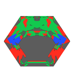 Hexagon cut in amethyst tilted 30 degrees: Light Return map, 43% of the face leaking