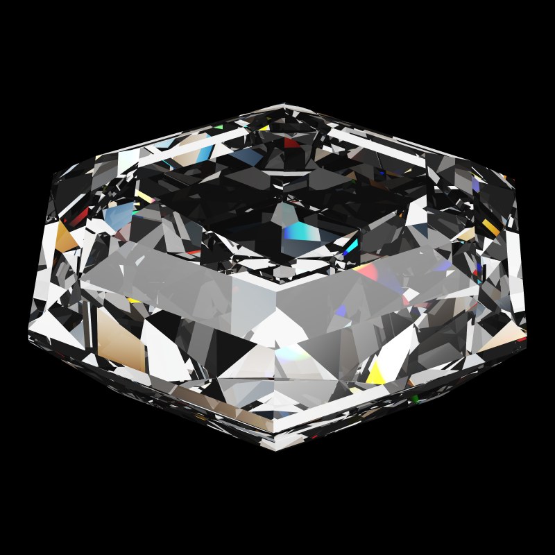 The Hexagon Cut in cubic zirconia, rendered at an angle in our 3D Gemstone Simulator under studio light