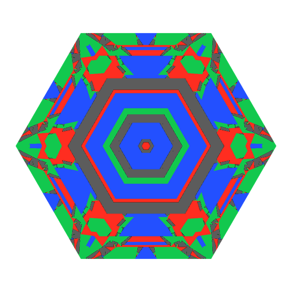 Hexagon cut in cubic zirconia face-up Light Return map: red, green and blue show where the light returns from, grey shows where it leaks (Brilliance 64)