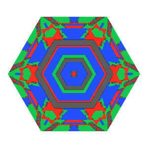 Hexagon cut in cubic zirconia tilted 0 degrees: Light Return map, 20% of the face leaking