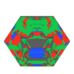 Hexagon cut in cubic zirconia tilted 30 degrees: Light Return map, 21% of the face leaking