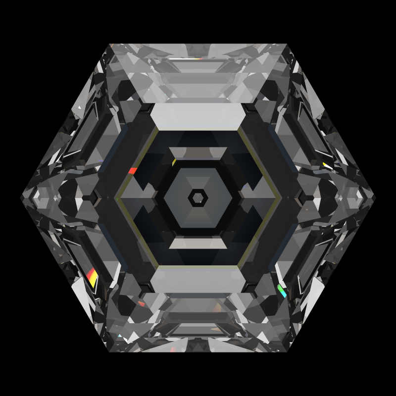 Hexagon cut in diamond face-up under a single bright light: a render from our simulator, its coloured flashes are the fire (score 85)
