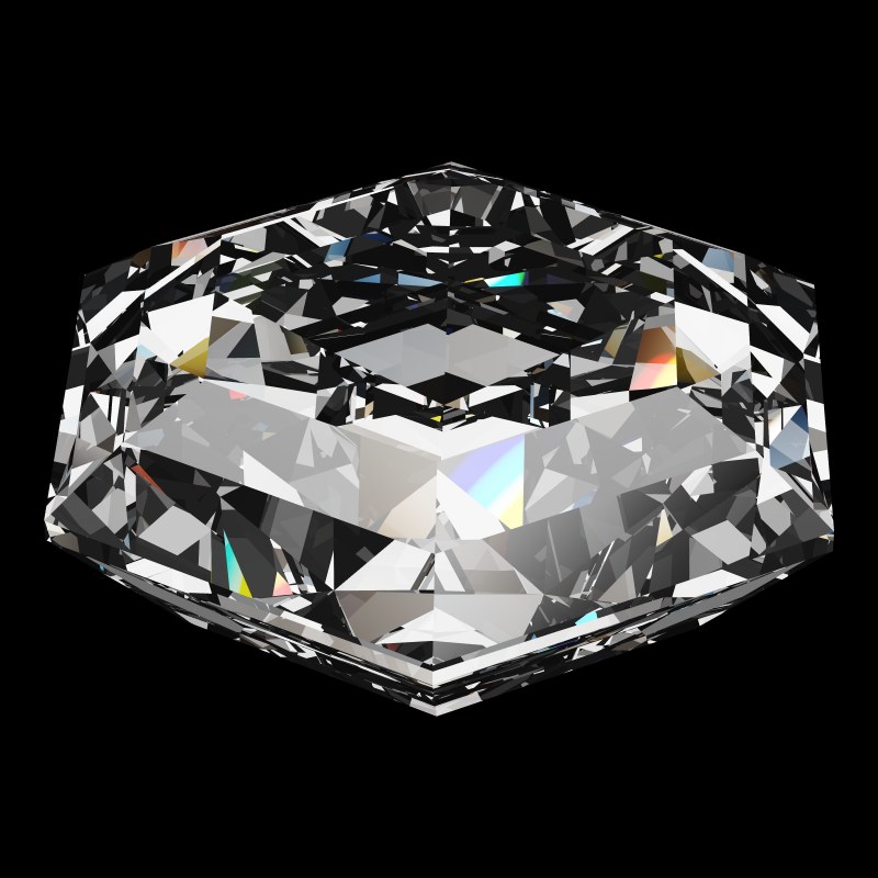 The Hexagon Cut in diamond, rendered at an angle in our 3D Gemstone Simulator under studio light