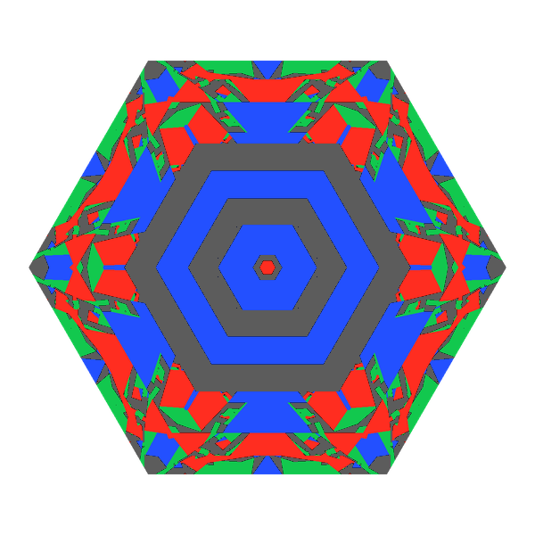 Hexagon cut in diamond face-up Light Return map: red, green and blue show where the light returns from, grey shows where it leaks (Brilliance 58)