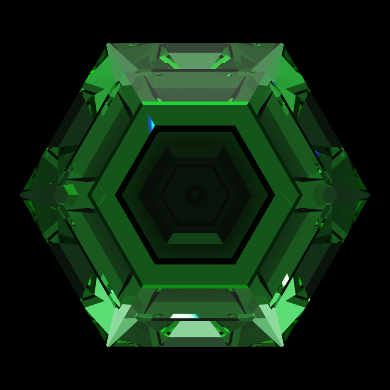 Hexagon cut in emerald face-up under a single bright light: a render from our simulator, its coloured flashes are the fire (score 41)