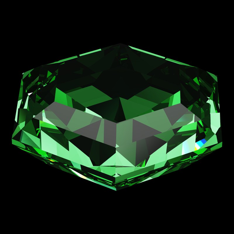 The Hexagon Cut in emerald, rendered at an angle in our 3D Gemstone Simulator under studio light