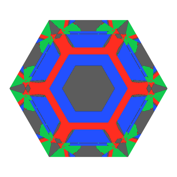 Hexagon cut in emerald face-up Light Return map: red, green and blue show where the light returns from, grey shows where it leaks (Brilliance 52)