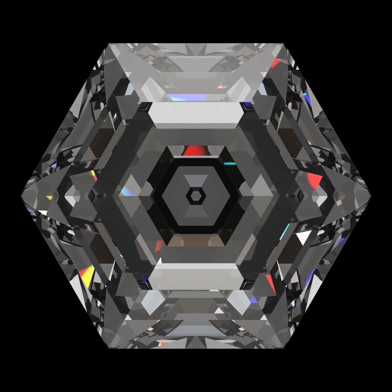Hexagon cut in moissanite face-up under a single bright light: a render from our simulator, its coloured flashes are the fire (score 97)