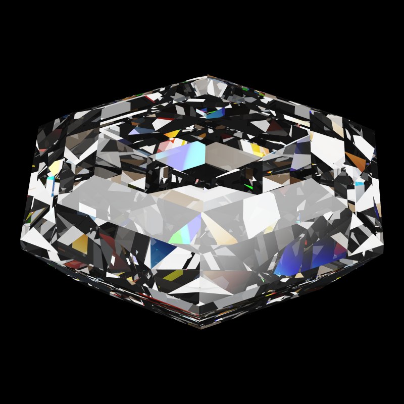 The Hexagon Cut in moissanite, rendered at an angle in our 3D Gemstone Simulator under studio light