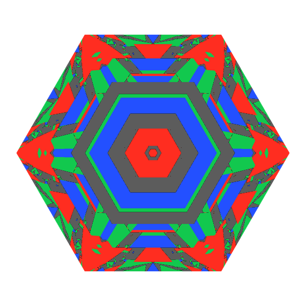 Hexagon cut in moissanite face-up Light Return map: red, green and blue show where the light returns from, grey shows where it leaks (Brilliance 57)