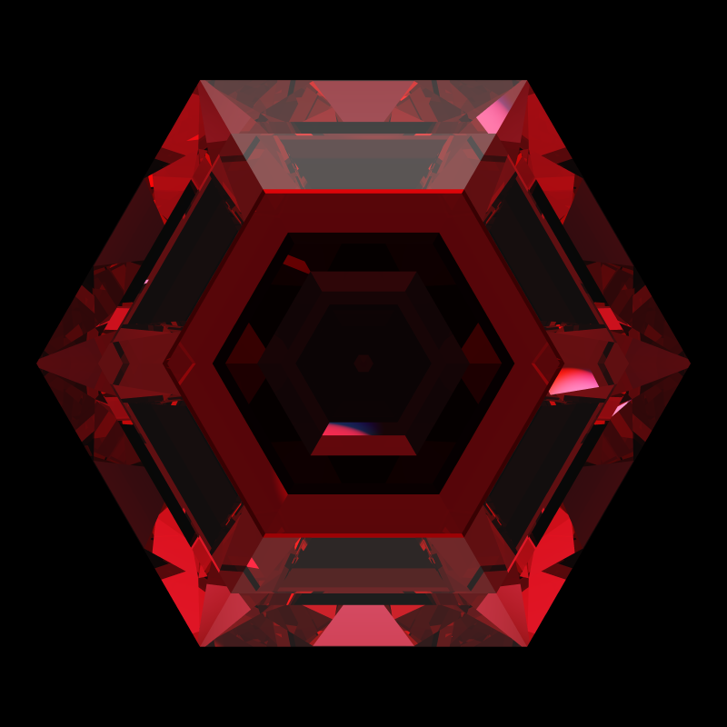 Hexagon cut in ruby face-up under a single bright light: a render from our simulator, its coloured flashes are the fire (score 45)
