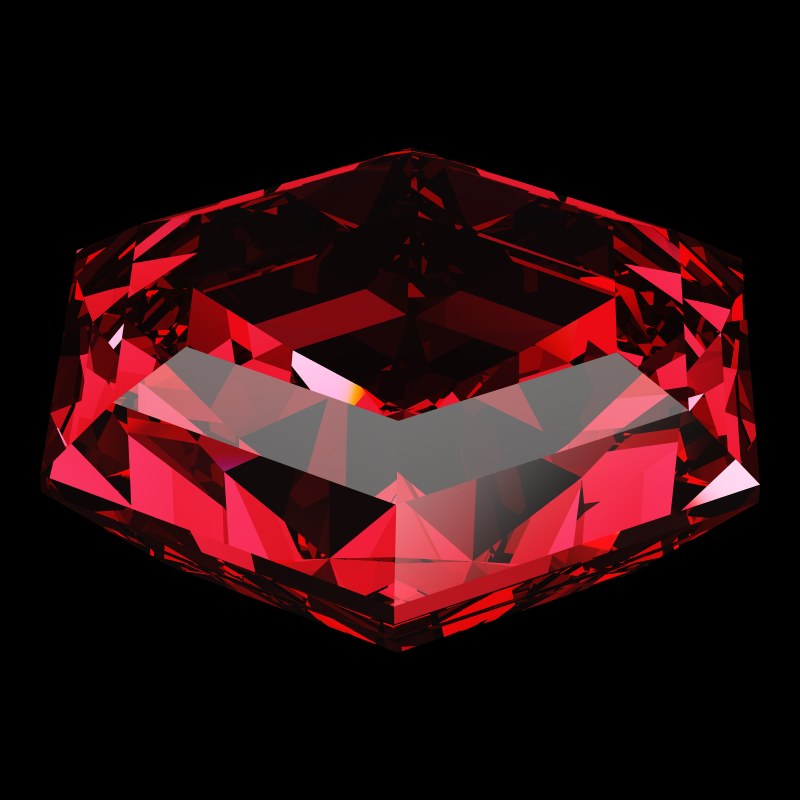 The Hexagon Cut in ruby, rendered at an angle in our 3D Gemstone Simulator under studio light