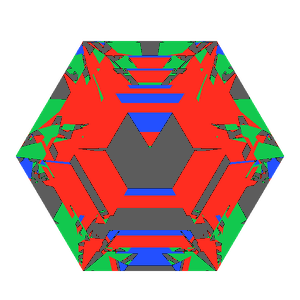Hexagon cut in ruby tilted 10 degrees: Light Return map, 26% of the face leaking