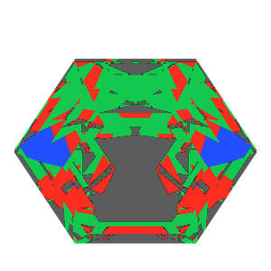 Hexagon cut in ruby tilted 30 degrees: Light Return map, 29% of the face leaking