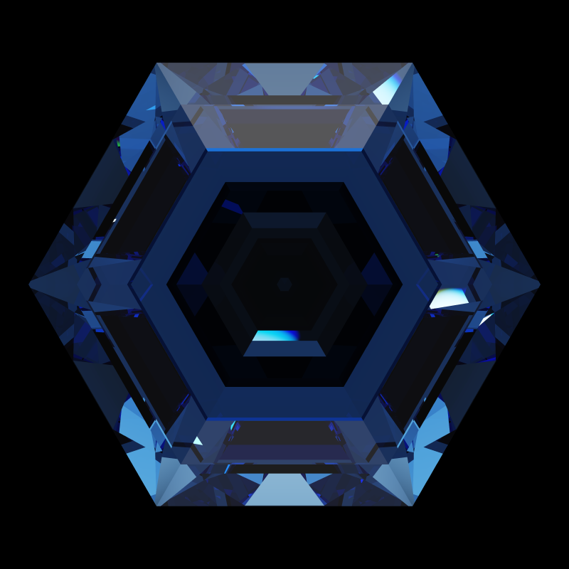 Hexagon cut in sapphire face-up under a single bright light: a render from our simulator, its coloured flashes are the fire (score 45)