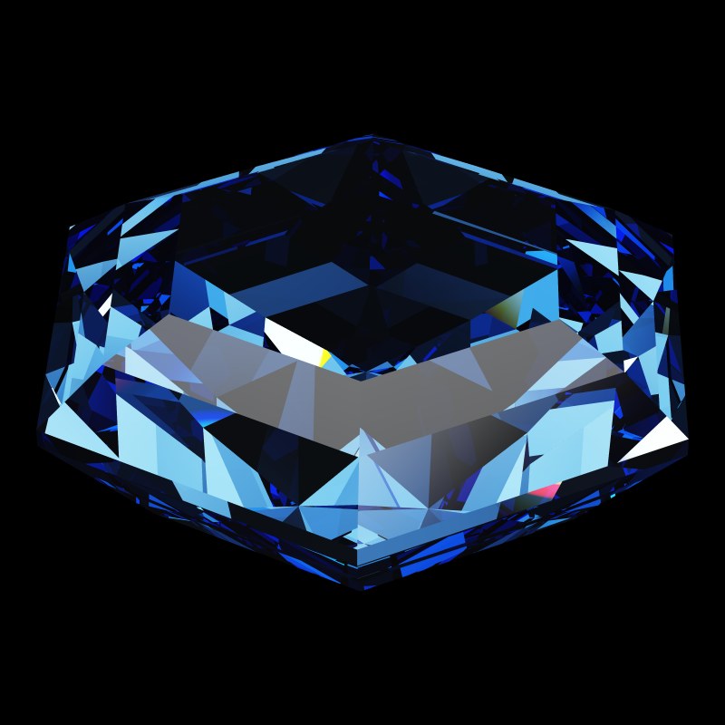 The Hexagon Cut in sapphire, rendered at an angle in our 3D Gemstone Simulator under studio light