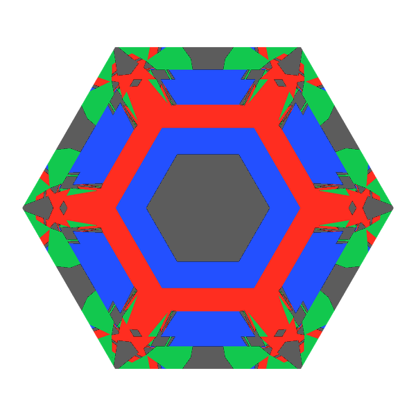 Hexagon cut in sapphire face-up Light Return map: red, green and blue show where the light returns from, grey shows where it leaks (Brilliance 64)