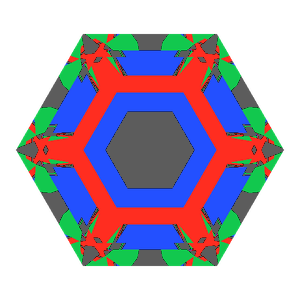 Hexagon cut in sapphire tilted 0 degrees: Light Return map, 23% of the face leaking