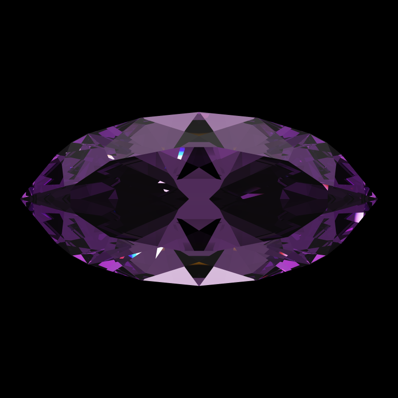 Marquise cut in amethyst face-up under a single bright light: a render from our simulator, its coloured flashes are the fire (score 48)