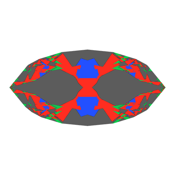 Marquise cut in amethyst face-up Light Return map: red, green and blue show where the light returns from, grey shows where it leaks (Brilliance 38)