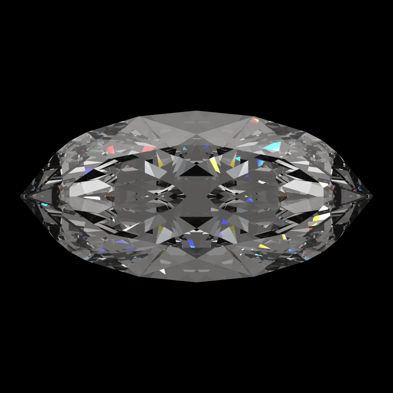 Marquise cut in cubic zirconia face-up under a single bright light: a render from our simulator, its coloured flashes are the fire (score 93)