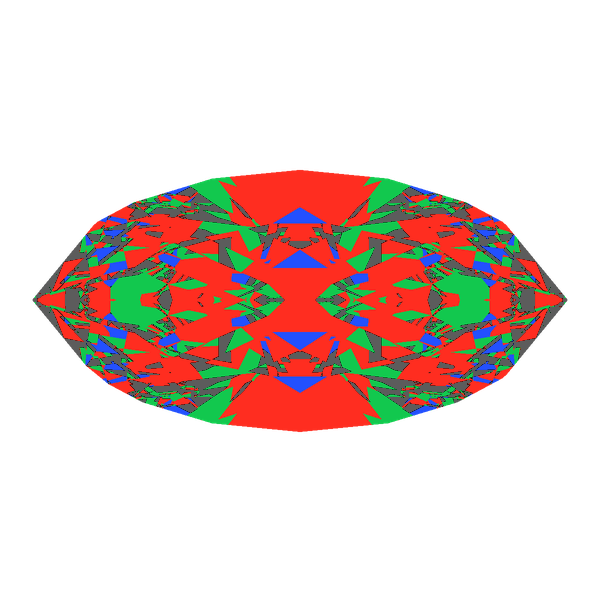 Marquise cut in cubic zirconia face-up Light Return map: red, green and blue show where the light returns from, grey shows where it leaks (Brilliance 66)
