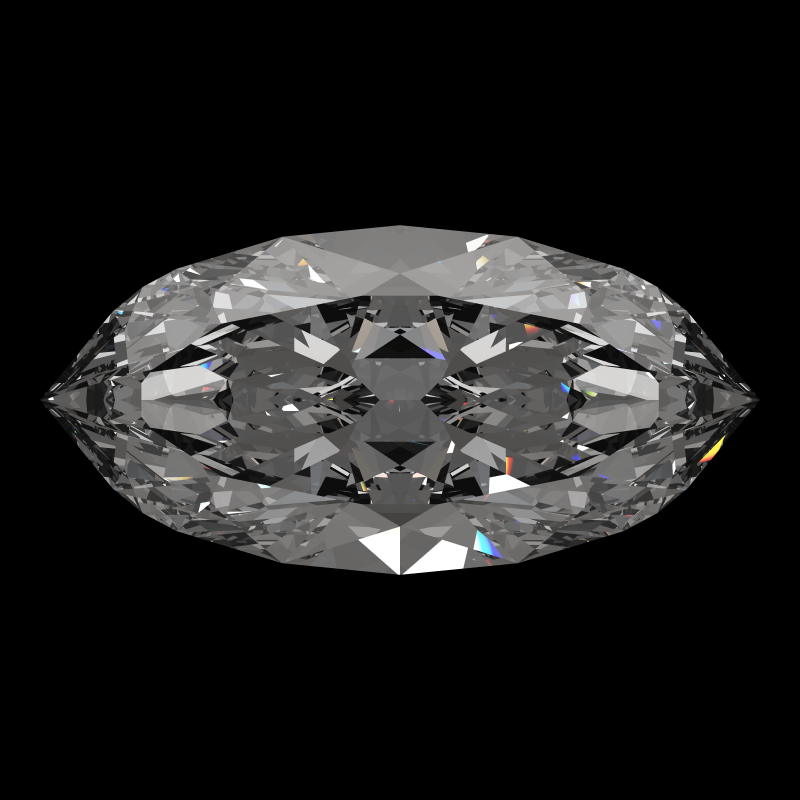 Marquise cut in diamond face-up under a single bright light: a render from our simulator, its coloured flashes are the fire (score 89)