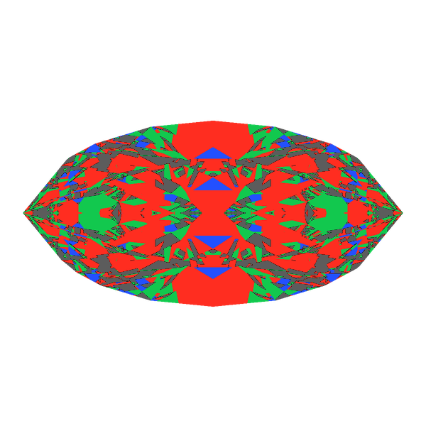 Marquise cut in diamond face-up Light Return map: red, green and blue show where the light returns from, grey shows where it leaks (Brilliance 64)