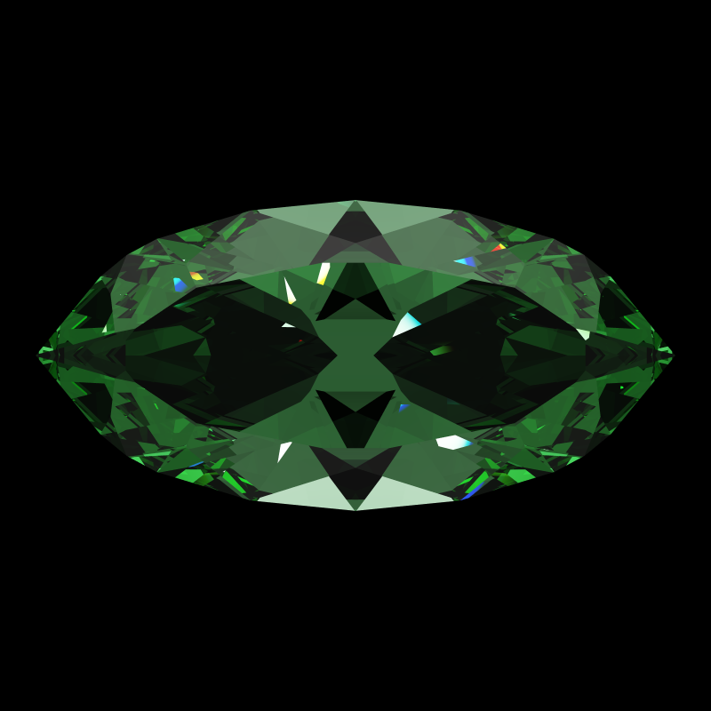 Marquise cut in emerald face-up under a single bright light: a render from our simulator, its coloured flashes are the fire (score 51)