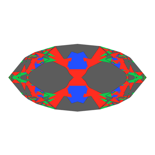 Marquise cut in emerald face-up Light Return map: red, green and blue show where the light returns from, grey shows where it leaks (Brilliance 43)