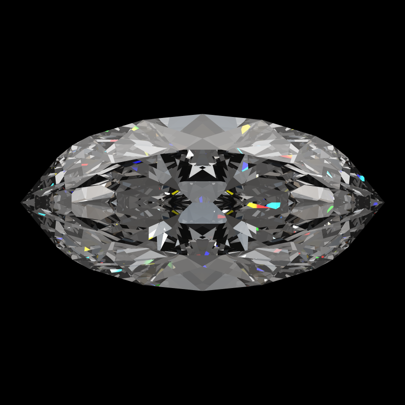 Marquise cut in moissanite face-up under a single bright light: a render from our simulator, its coloured flashes are the fire (score 94)