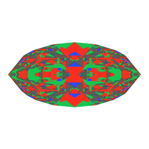 Marquise cut in moissanite face-up Light Return map: red, green and blue show where the light returns from, grey shows where it leaks (Brilliance 59)