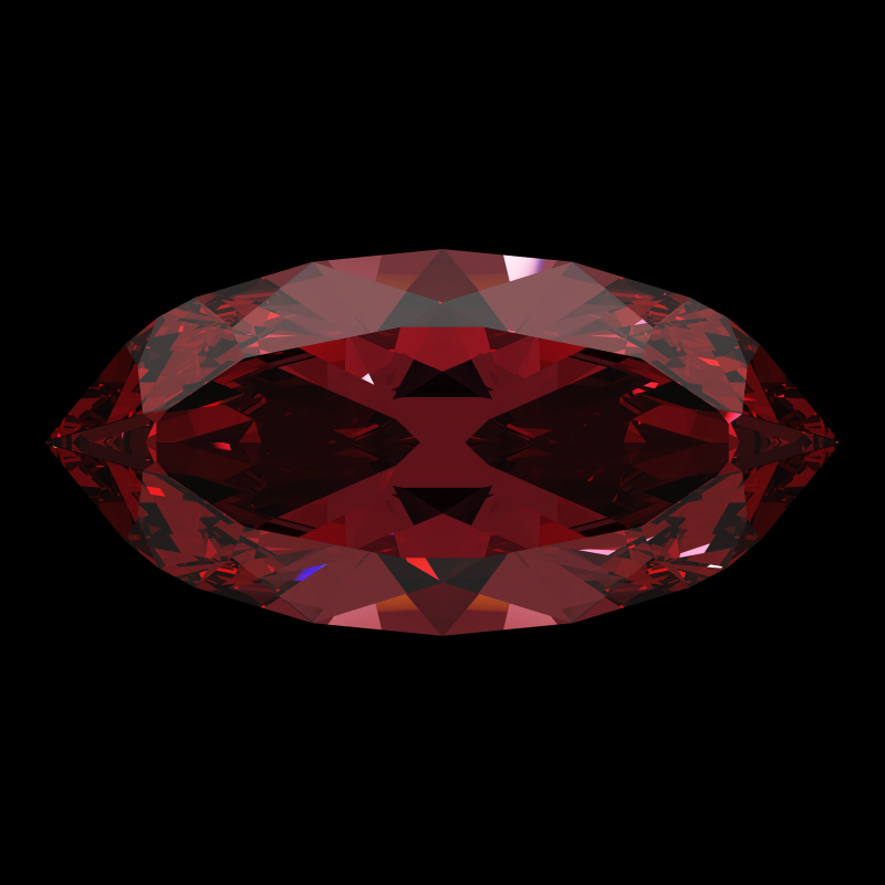 Marquise cut in ruby face-up under a single bright light: a render from our simulator, its coloured flashes are the fire (score 54)