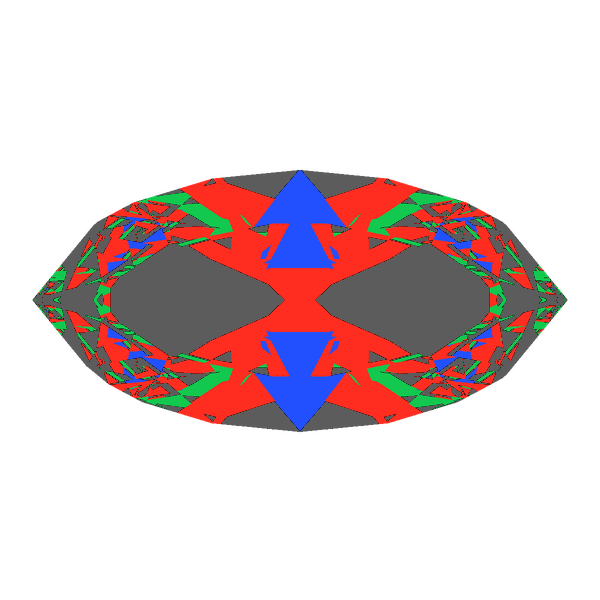 Marquise cut in ruby face-up Light Return map: red, green and blue show where the light returns from, grey shows where it leaks (Brilliance 55)