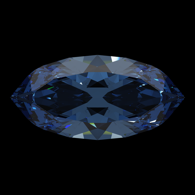 Marquise cut in sapphire face-up under a single bright light: a render from our simulator, its coloured flashes are the fire (score 54)
