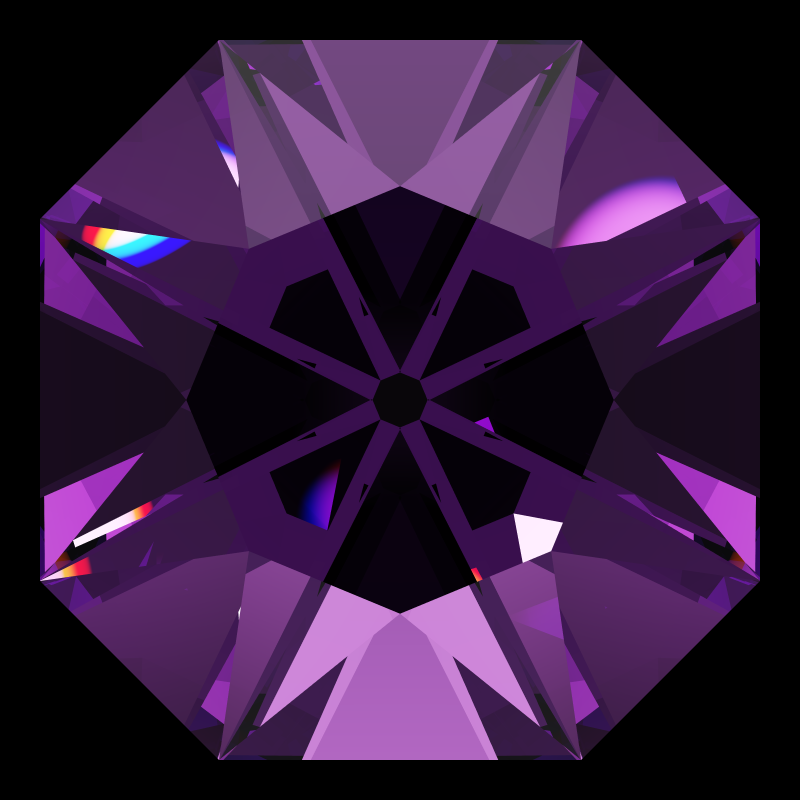 Mazarin cut in amethyst face-up under a single bright light: a render from our simulator, its coloured flashes are the fire (score 28)
