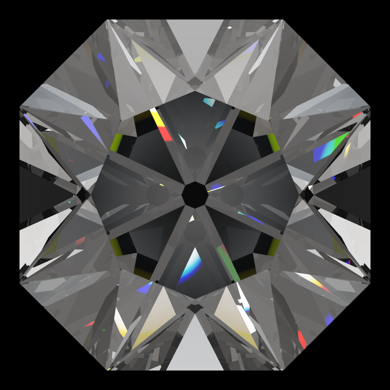 Mazarin cut in cubic zirconia face-up under a single bright light: a render from our simulator, its coloured flashes are the fire (score 77)