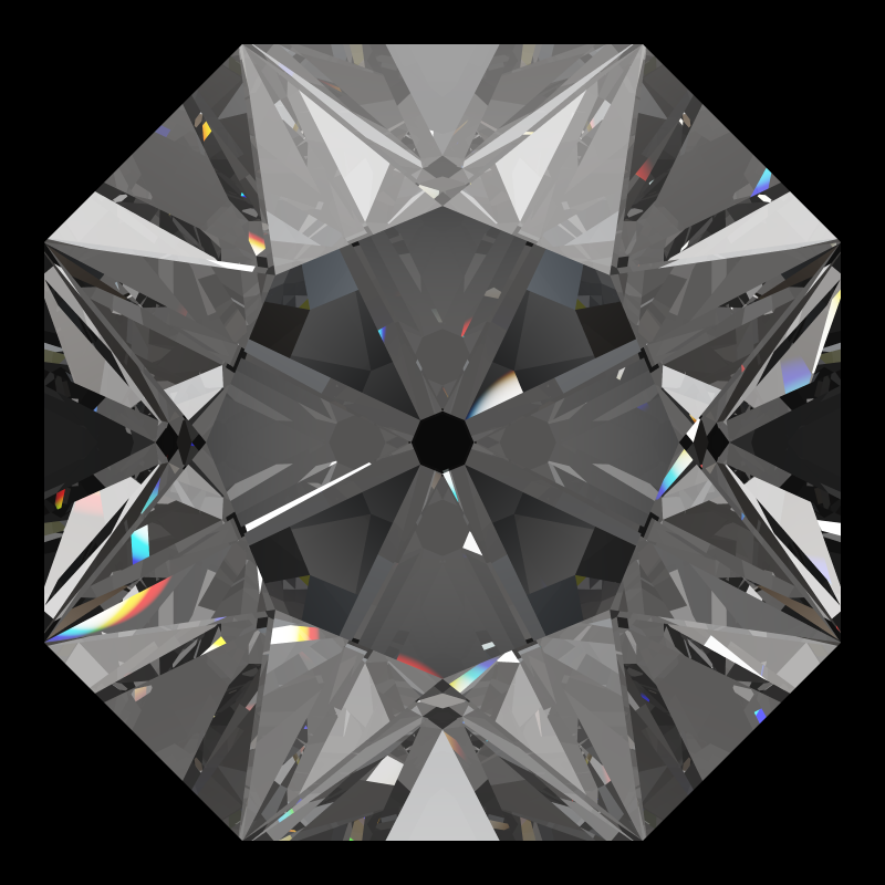 Mazarin cut in diamond face-up under a single bright light: a render from our simulator, its coloured flashes are the fire (score 63)